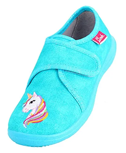 Beck Mädchen Einhorn Niedrige Hausschuhe, Türkis, 26 EU - Hausschuhe mit bezauberndem Einhorn-Motiv, ideal für gemütliche Stunden zu Hause und einfach an- und auszuziehen dank Klettverschluss.