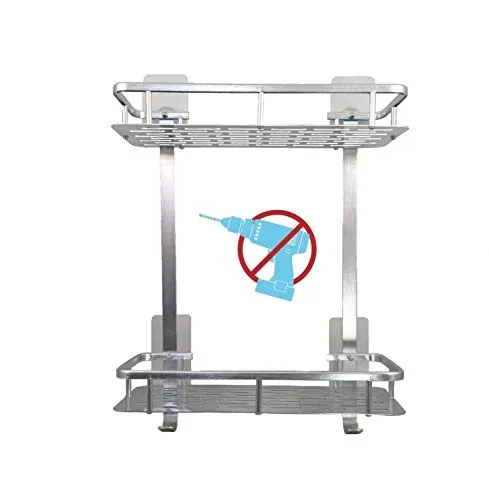 MerCie Duschregal Caddy 2 Etagen in Aluminium (ROSTFREI) ohne Bohren (super starke Klebstoffe). Badezimmer Wandhalterung Ecke Korb. Rechteckige Form. Glänzendes Aluminium-Finish