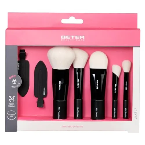 Beter Make-up-Pinsel-Set, 5-teilig, extra weiches Kunsthaar, Mini-Pinsel-Set, Kabuki, Rouge, Grundierung, Concealer und Lidschatten + 2 Haarklammern, ideal für Reisen