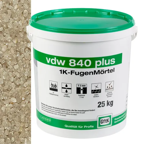 VDW 840 Plus 1K Fugenmörtel, natur, 25 Kg - Mörtel für Außenanwendungen, ideal für Naturstein und Keramik, mit schneller Aushärtezeit – nach 24 Stunden begehbar und nach 7 Tagen voll belastbar.