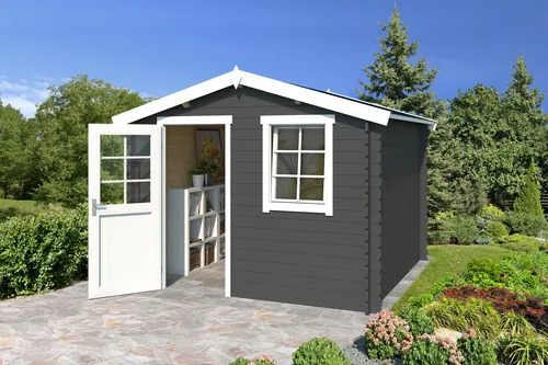 Gartenhaus Blockhaus Satteldach 28 mm Nina 230 grau - Hochwertiges Gartenhaus aus 28 mm Blockbohlen mit abschließbarer Einzeltür, ideal für Gartenlagerung oder Freizeit. Maße: 295x250 cm, Nutzfläche: 6.05 m².