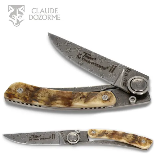 Claude Dozorme Taschenmesser 5.90.142.37D blonde - Elegantes Jagdmesser mit Damastklinge - Hochwertiges Claude Dozorme Taschenmesser, Griff aus Widderhorn, 10,5 cm. Ideal für den Einsatz in der Natur, mit robuster LinerLock-Technologie für Sicherheit.