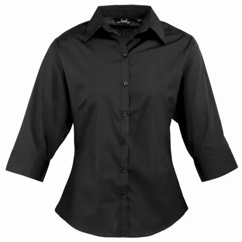 Premier Workwear Damen Bluse Ladies Poplin Blouse 3/4 Sleeved, Gr. 42 (Herstellergröße: 14), Schwarz (Black)