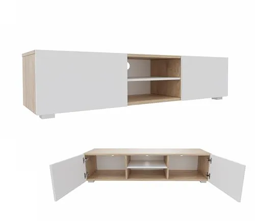 PLATAN ROOM TV Lowboard/Sideboard 140 cm breit Hängeschrank Fernsehschrank TV Kommode mit 2 Türen und offenem Fach in 5 Farbvarianten (Sonoma Eiche/Weiß Matt, 140 cm breit)