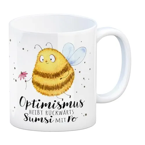 Pummel Biene Kaffeebecher mit Spruch Optimismus heißt rückwärts Sumsi mit Po