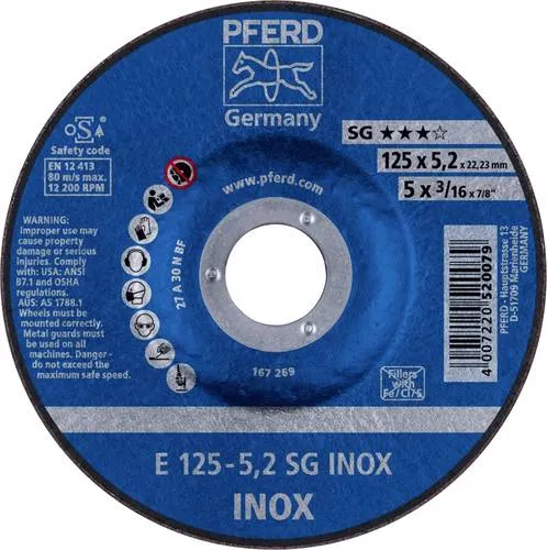 PFERD 62212523 E 125-5,2 SG INOX Schruppscheibe - Schruppscheibe für Edelstahl (INOX), hohe Schleiffreudigkeit und sehr gute Standzeit, ideal für Wurzelnahtbearbeitung und schnelle Ergebnisse.