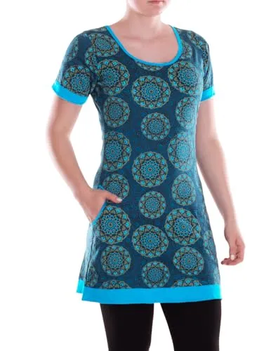 Vishes Alternative Bekleidung - Damen Mini-Kleid Baumwolle geometrisch Rundhalsausschnitt mit Taschen türkis 38