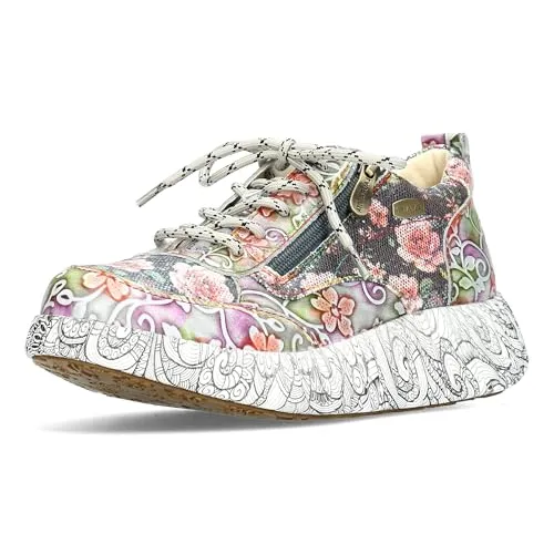 Laura Vita Damen Sneaker Gr. 39 - Stylischer Sneaker mit knalligen Farben und Mustern, ideal für Büro und Freizeit. Die 4,5 cm hohe Sohle sorgt für Komfort, während der Reißverschluss ein schnelles An- und Ausziehen ermöglicht.