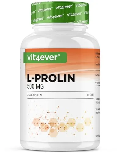 L-Prolin 1000mg - 365 Kapseln, vegan & hochdosiert - Multivitaminpräparate & Mineralien: Hochdosiertes L-Prolin für gesunde Eiweißstrukturen, rein pflanzlich und ohne Zusatzstoffe, reicht für 6 Monate bei täglicher Einnahme.