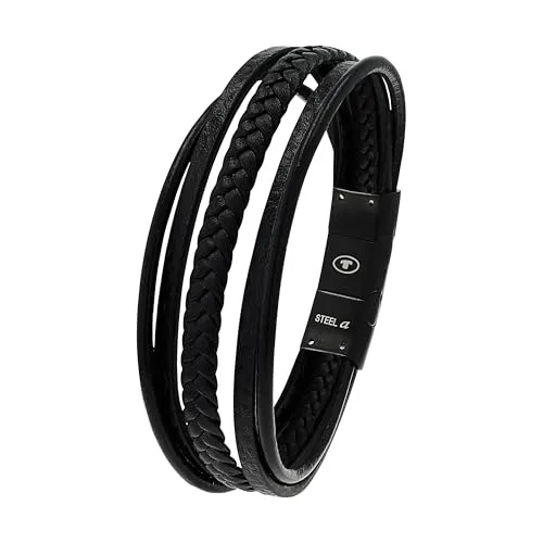 Tom Tailor Herren Armband aus Edelstahl und Leder, 20+1,5 cm, schwarz