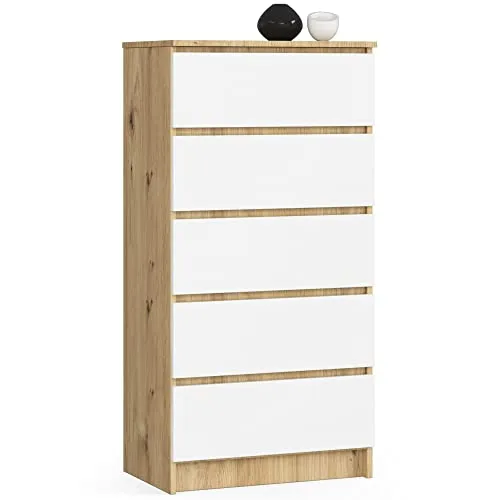 Home Collective Kommode in Artisan Eiche-weiß mit 5 geräumigen Schubladen, 60 cm breit, 121 cm hoch Kommode Schlafzimmer Flur Wohnzimmer Organizer mit Schubladen Holz Highboard Sideboard Schrank
