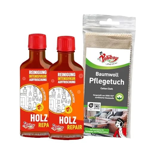 POLIBOY Holz Repair - Mittelbraune Möbelpolitur für lackiertes Holz - Farbauffrischendes Poliermittel - 2x 100 ml - Mit Baumwolltuch - Made in Germany