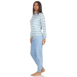 Normann Pyjama Damen Frottee Pyjama langarm mit Bündchen in Streifenoptik blau 36/38