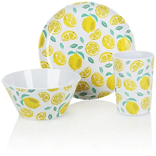 COM-FOUR® 3-teiliges Geschirr-Set - wiederverwendbares Mehrweggeschirr aus Melamin - Becher, Schüssel und Teller mit sommerlichem Design (3-teilig - Zitronen)