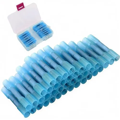 Schrumpfverbinder, CESFONJER Crimp-Stoßverbinder-Set, Schrumpf-Stoßverbinder-Klemmen, wasserdichte Kabelverbinder, Crimp-Spleiß, 40 Stück lötfreie Klemmen für 16–14 AWG-Kabel (blau)