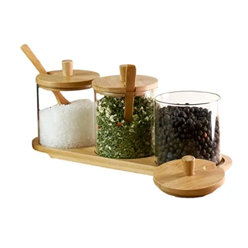 gouveo 3er Set Gewürzgläser 350 ml auf Tablett - Kleine Snackschalen mit Bambusdeckel und Löffel - Tisch-Set aus Borosilikatglas zum Servieren von Gewürzen, Tee, Kaffee, Zucker, Müsli, Snacks