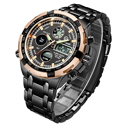 Affute Armbanduhr für Herren, Schwerer Chronograph aus Edelstahl, wasserdicht, mit Datums- und Alarmfunktion, Analog-/Digitalanzeige (Roségold Schwarz)