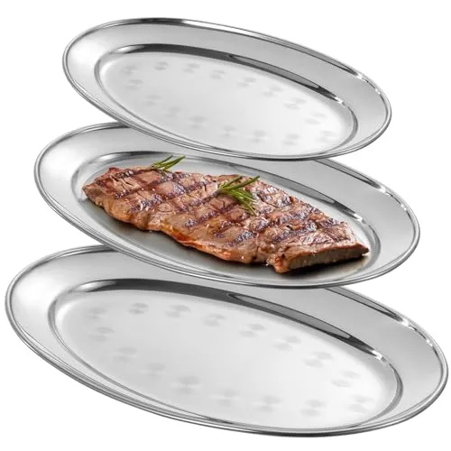 Stück ovale Edelstahl-Servierplatten, lebensmittelechte Metall-Servierplatte, großes Brutzel-Serviertablett, Kellnertablett, hochglanzpoliertes Edelstahl-Lebensmitteltablett für Abendessen, Partys 3