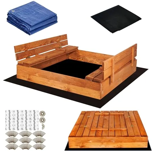 SPRINGOS Sandkasten mit Sitzbänken 120 x 120 cm Extra Vlies für Sandkästen und Abdeckplane Imprägniertes Holz Kinder- Spielplatz