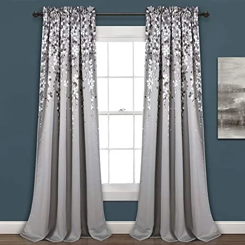 Produktbild Lush Decor Fenstervorhang mit weinenden Blumen, 132 cm B x 213 cm L + 5,1 cm Kopfleiste, Grau – charmante, Moderne Blumenvorhänge für Wohnzimmer, Esszimmer und Schlafzimmer