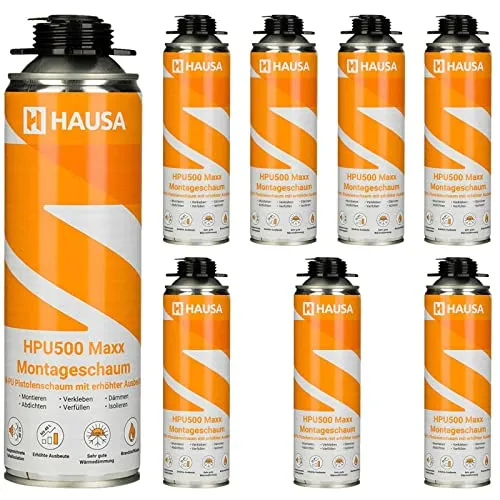 HAUSA Montageschaum HPU500 Maxx 8x 500ml grau B2 Pistolenschaum zum Verfüllen, Dämmen & Abdichten, extrem hohe Ausbeute, ausgezeichnete Dämm- & Isoliereigenschaften, Bauschaum für Schaumpistolen