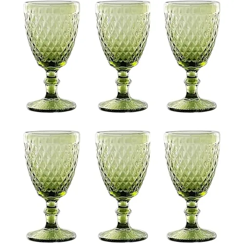 Vintage 6er-Set Farbige Weingläser und Trinkgläser mit Diamant Muster (Netz Grün Weinglas), Longdrinkgläser, Cocktail Gläser mit Prägung, Glas, Trinkglas, Weinglas, Wasserglas, Glaskelche