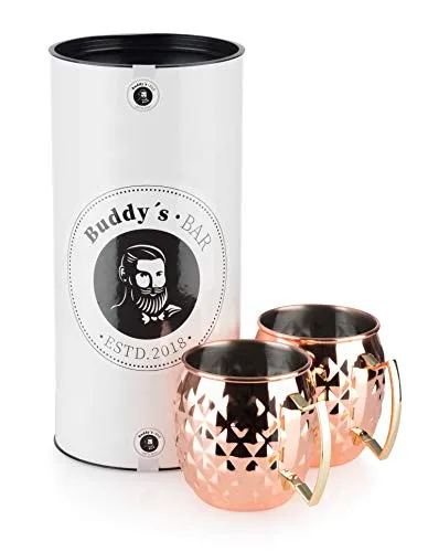 Buddy´s Bar Moscow Mule Becher Set, 2x 500 ml, Edelstahl mit Ananas Struktur - Bechersets, hochwertige Edelstahl-Becher mit Kupferbeschichtung, lebensmittelecht und ideal für Cocktails, perfekt verpackt in Geschenkbox für besondere Anlässe.