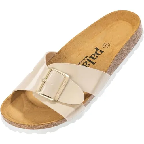 Palado Pantoletten Damen Tinos - bequeme Sandalen Made in Spain - elegante Hausschuhe mit Kork-Fußbett - modische Sommerschuhe Beige Lack UK3,5 - EU36