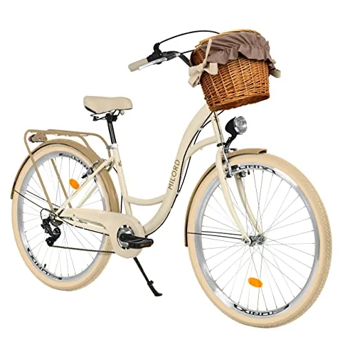 MILORD Damenfahrrad Citybike Komfort Mit Weidenkorb Hollandrad Vintage Fahrrad, 26, 28 Zoll, 7-Gang (Creme-Braun, 26 Zoll)