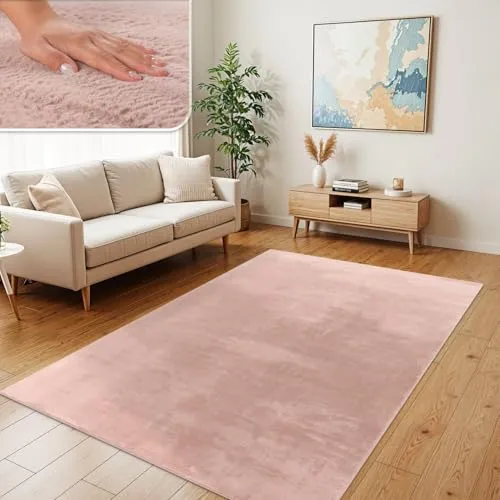 TT Home Wohnzimmer Teppich Hochflor Langflor Kunstfell Weich Modern Unifarben Flauschig, Farbe: Rosa Pink, Größe:150x170 cm Sechseckig