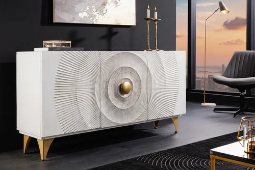 riess-ambiente Sideboard GOLDEN SUNSET 140cm weiß/gold - Handgefertigtes Massivholz mit Soft-Close - Elegantes Sideboard mit goldenen Akzenten und viel Stauraum. Ideal für Wohnzimmer & Esszimmer, handgefertigt aus hochwertigem Mangoholz mit kunstvoll gestalteten Fronten und sechs geräumigen Fächern.