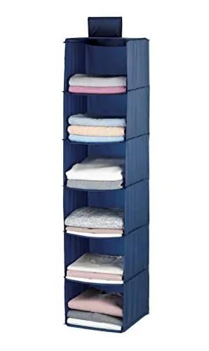 WENKO Wäschesortierer Business Hängeaufbewahrung, Hängeregal zur Aufbewahrung von Wäsche mit 6 Fächern, Polyester, 30 x 122 x 30 cm Blau