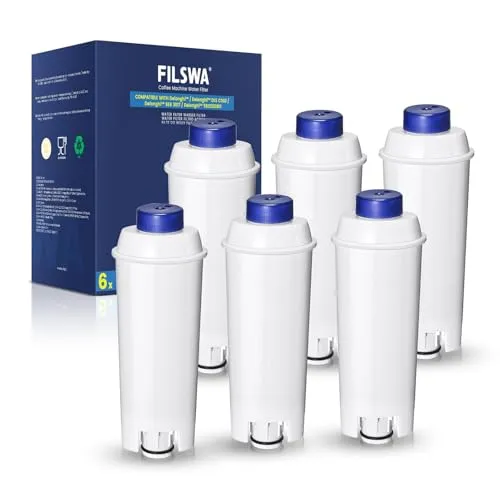 Filswa Wasserfilter für De Longhi DLSC002 - 6 Stück Filterkartusche, kompatibel mit ECAM, ETAM, ESAM und BCO Serien, sorgt für reines Wasser und verbesserten Kaffeegeschmack