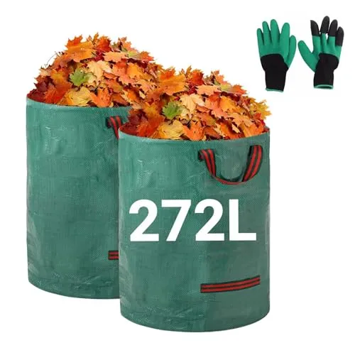2x272L Gartensack Laubsack Gartenabfallsack Stabil Selbststehend mit 4 Griffen,Robust,Faltbar & Wasserdicht Wiederverwendbar & Faltbar für Grünschnitt, Laub, Rasenschnitt, Gartenabfälle(inkl Handschu)