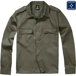 Brandit US Shirt Long Sleeve - Olive, Größe: L - Herrenhemd aus wasserabweisendem Mischgewebe mit geradem Schnitt, Schulterklappen und praktischen Brusttaschen, ideal für Outdoor-Aktivitäten.