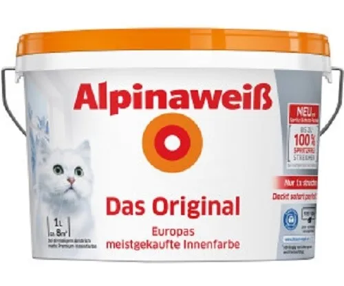Alpinaweiß Das Original – 4L Wandfarbe mit Spritz-Schutz-Formel - Farben: Alpinaweiß bietet optimale Deckkraft und ist ideal für ein strahlendes Raumklima – emissionsarm und geruchsneutral!