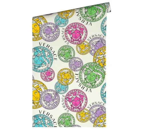 Versace Wallpaper Bunt Weiß Rosa Blau - Luxus Vliestapete mit Medusa Logo - Tapeten: Hochwertige Designer Vliestapete von Versace, ideal für stilvolle Räume mit leicht glänzender Oberfläche. Made in Germany, 10,05m x 0,70m, RAL- und FSC-zertifiziert.