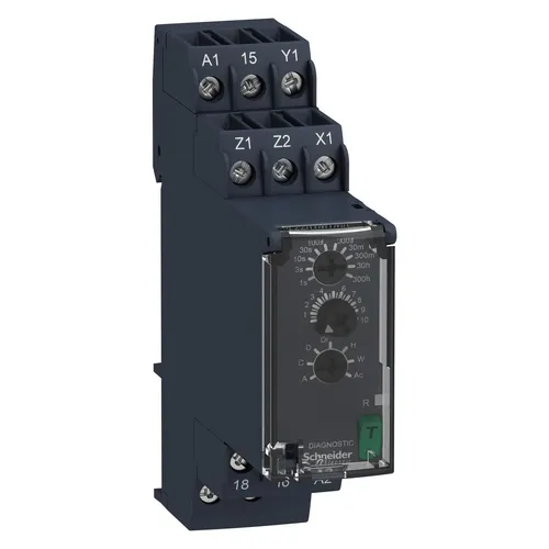 Schneider Electric RE22R1MYMR Multifunktionszeitrelais - Elektromechanik. Elektronisches Zeitrelais mit 18 Funktionen und einem breiten Zeitbereich von 0,05 s bis 300 h. Ideal für automatisierte Steuerungen auf Hutschienen.