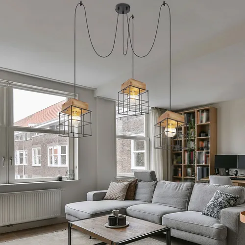 Vintage Pendelleuchte 3 flammig aus Holz und Metall - Lampen im rustikalen Design, höhenverstellbar bis 300 cm, ideal für eine individuelle Lichtgestaltung in Ihrem Esszimmer.