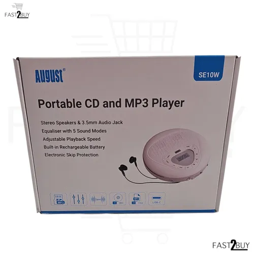 August SE10W tragbarer CD- und MP3-Player weiß mit USB-C und 3,5-mm-Audio
