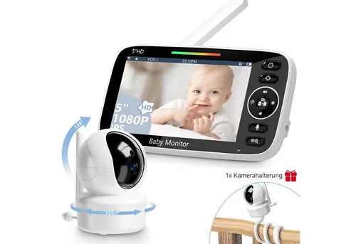 Rayofi Video-Babyphone Babyphone mit Kamera, Extra Großes 5-Zoll 1080P HD Display, mit Standfuß, Smart VOX Modus, Raumtemperaturüberwachung, Gegensprechfunktion, 4X Zoom, Nachtsicht, Baby Monitor Ohne Wlan, Ein ideales Geschenk für Eltern, die sich um ein Baby kümmern.