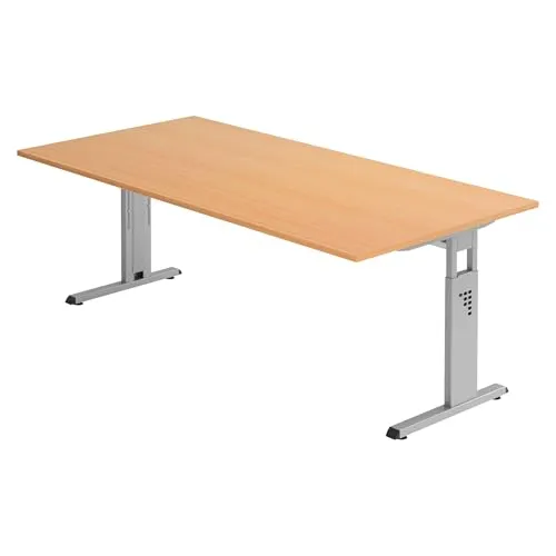 Bümö höhenverstellbarer Schreibtisch O-Serie 200x100 cm in Buche, Gestell in Silber - großer PC Tisch für's Büro manuell höhenverstellbar, Computertisch verstellbar