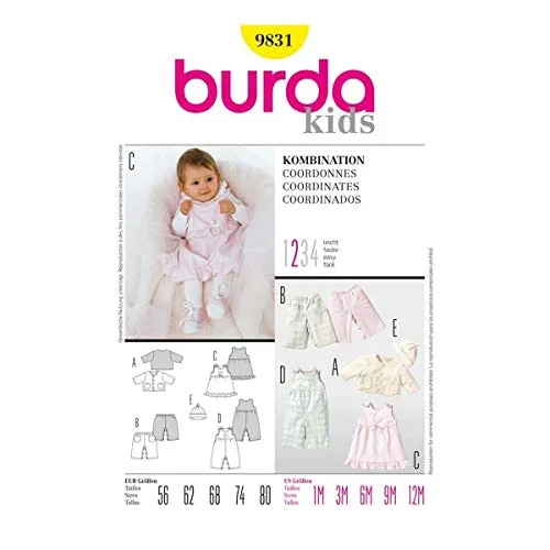 burda Schnittmuster Babys Kombination: Jacke, Hose, Kleid, Mütze 9831 Gr. 56-80
