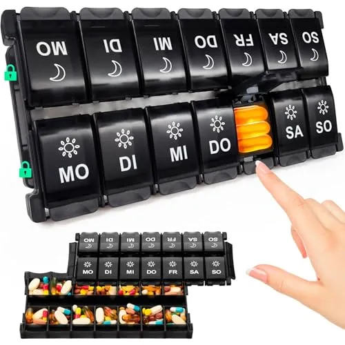 Tablettenbox 7 Tage, Pillendose 14 Tage 2 Fächer, Morgens Abends Medikamentenbox 14 Fächer mit Druckknopf Design, Tabletten Organizer für Fischöl, Nahrungsergänzungsmittel