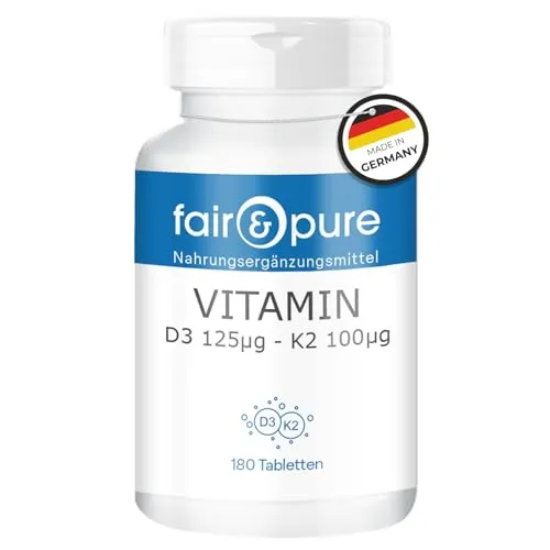 Fair & Pure Vitamin D3 125 µg + Vitamin K2 100 µg, 180 Tabletten, schluckfreundlich, hochdosiert, Nahrungsergänzungsmittel ohne Magnesiumstearat, in Deutschland hergestellt