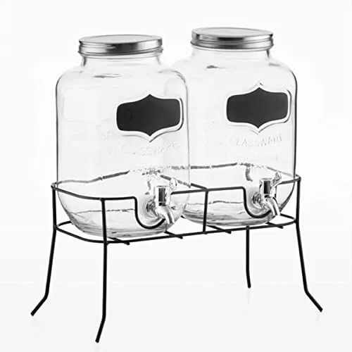 DRULINE 2er Set 4L Hochwertiger Getränke Spender aus Glas mit Ständer, Zapfhahn und Gestell Saftspender Dispenser Getränkespender Wasserspender Limonadenspender Trinkspender Schorle