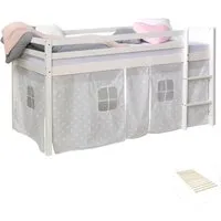 Homestyle4u Hochbett 90x200 mit Vorhang in Weiß und Grau Sterne - Hochbett für Kinderzimmer mit viel Platz darunter, inklusive abnehmbarem Vorhang und Sicherheitsumrandung. Ideal für kreatives Spielen und erholsamen Schlaf.