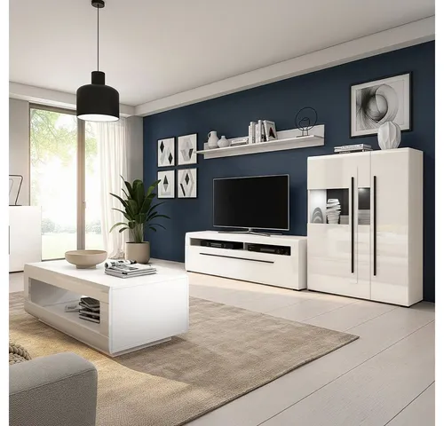 Lomadox Wohnzimmer-Set TURDA-83, (Mega-Spar-Set, 4-St., Couchtisch Highboard Lowboard Sideboard Vitrine Wandregal), weiß Hochglanz Metallgriffe schwarz LED Beleuchtung modern