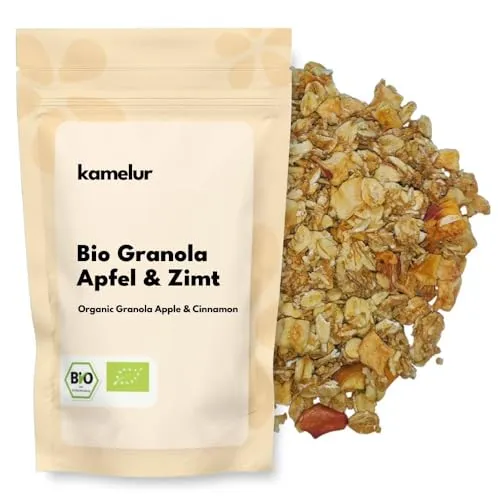 Kamelur Bio Granola Apfel & Zimt 1kg - Knusprige Bio-Getreideflocken mit Apfelstücken, Zimt, gepufftem Amaranth, Honig & Meersalz – aus kontrolliert biologischem Anbau