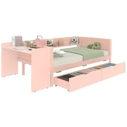 Flachbett,Holzbett,90x200cm,Rosa,mit Schreibtisch, ausgestattet mit 2 Schubladen, Einzelbett(Ohne Matratze)mit Regalen,Kiefer+Spanplatte
